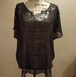 Express sheer sequin short sleeve shirt